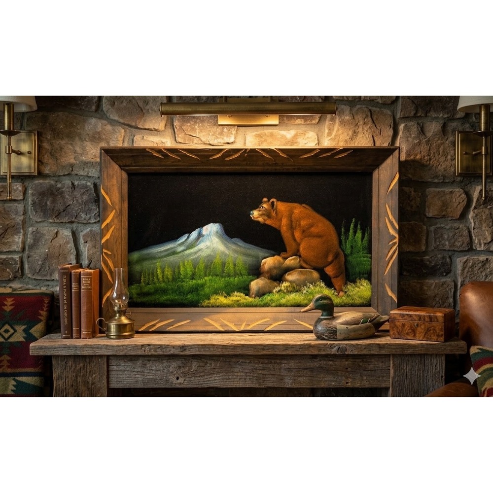Vintage Black Velvet Bear Painting Mountain Landscape Carved Woodโ Frame